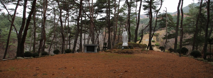 성당 뒷산에 조성된 로사리오 동산에 성모상과 야외제대가 마련되어 있다.